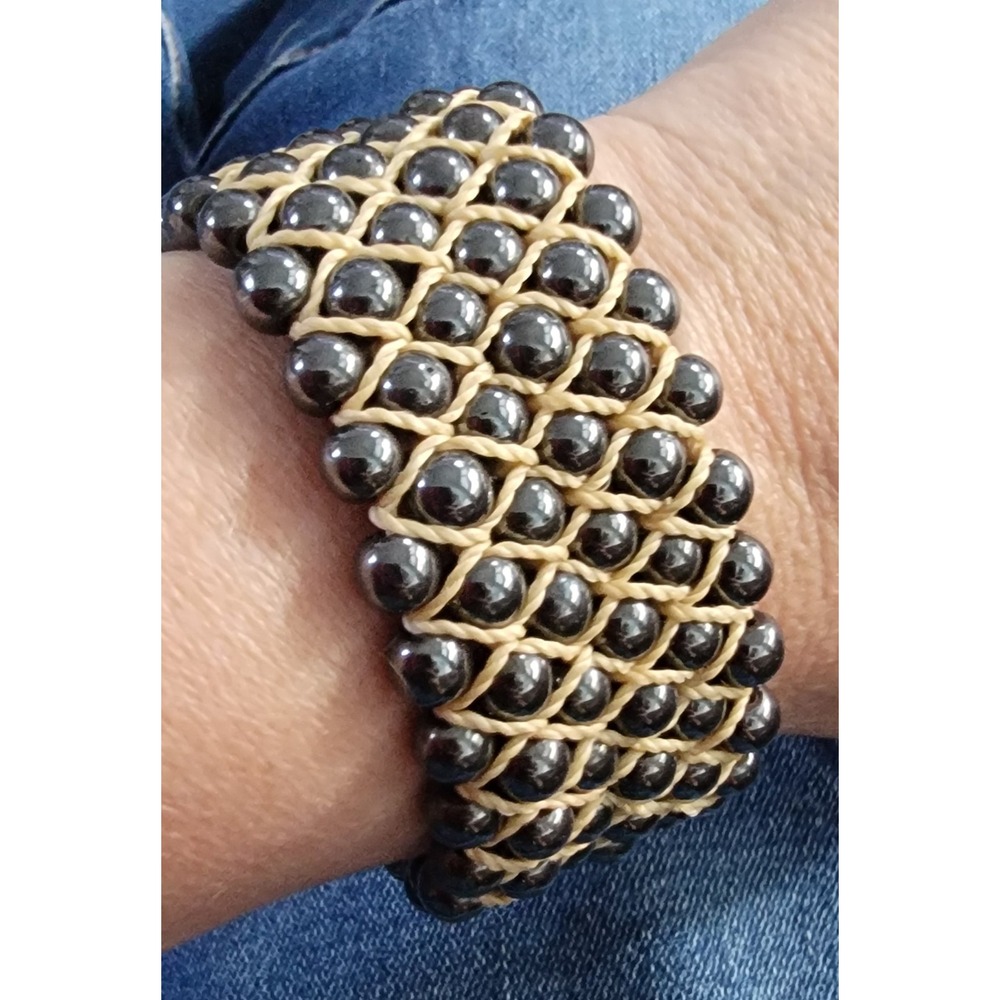Hematite Bead Macrame Cuff Bracelet Tan Cord Adjustable Sliding Knot Boho Hippie